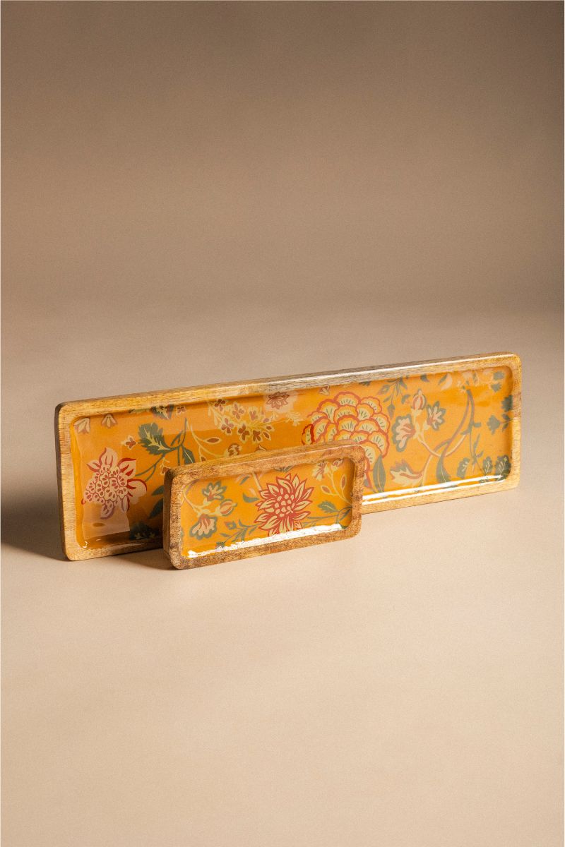 Bandeja Rectangular Madera y Esmalte Flores