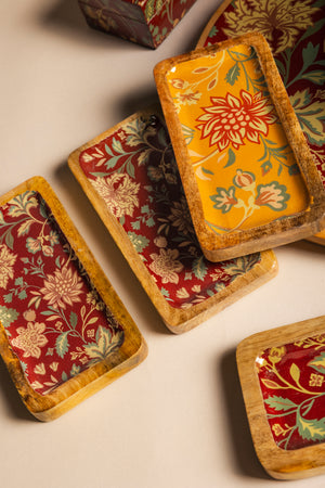 Plateau Rectangulaire Bois et Fleurs Émaillées