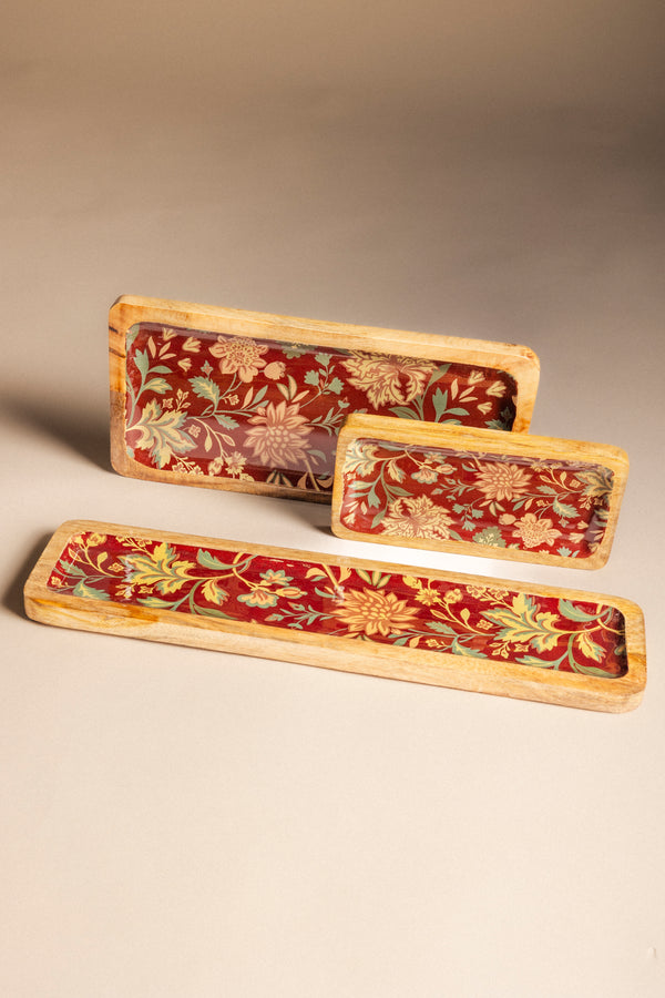 Plateau Rectangulaire Bois et Fleurs Émaillées