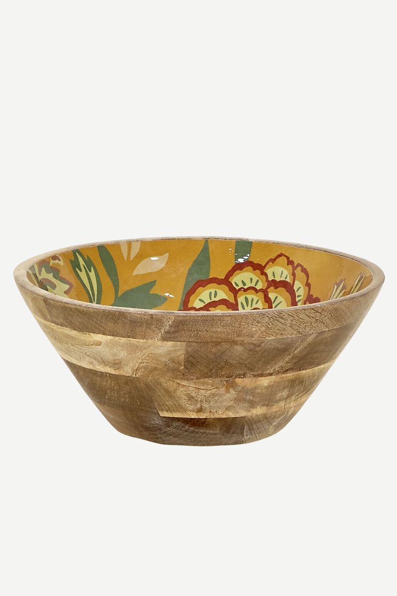 Saladier en bois et émail avec fleurs