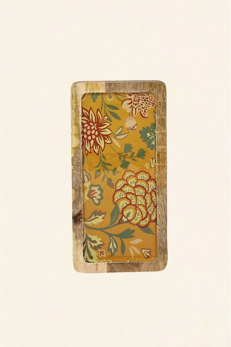 Plateau Rectangulaire Bois et Fleurs Émaillées