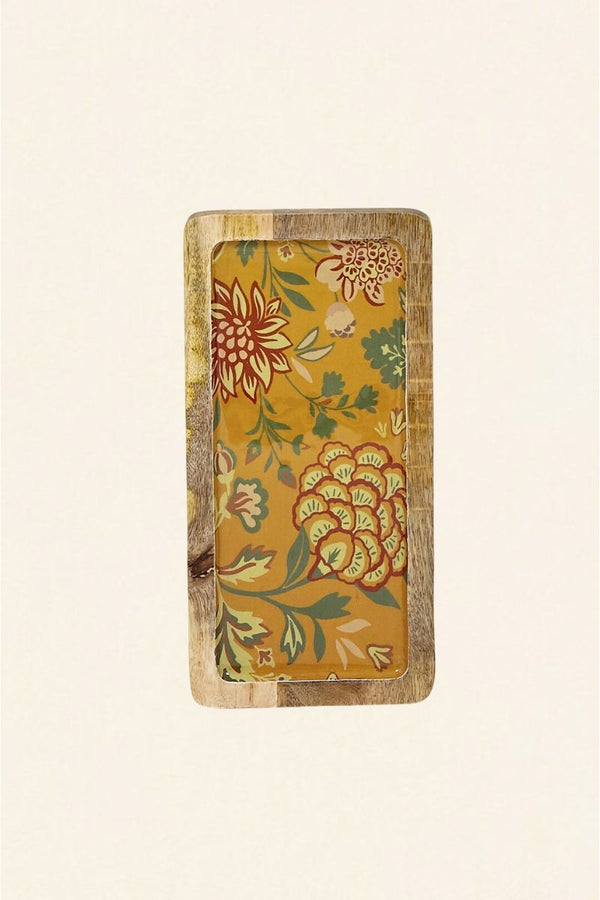 Plateau Rectangulaire Bois et Fleurs Émaillées